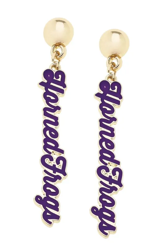 TCU Horned Frogs Enamel Script Earring in Shiny Gold sold by Canvas Style