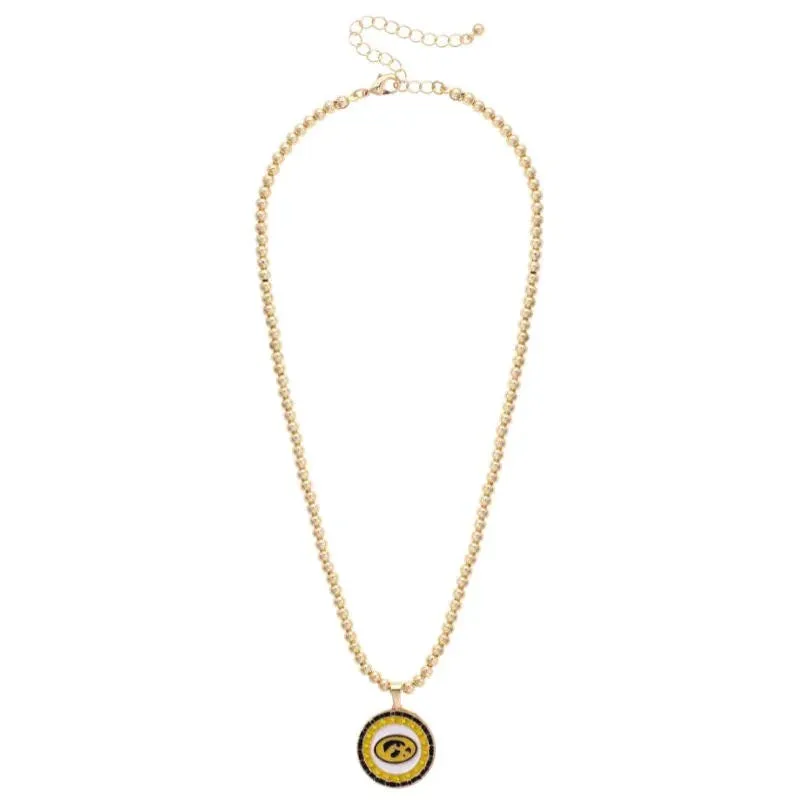 Iowa Hawkeyes Pave Disc Necklace in Shiny Gold sold by Canvas Style