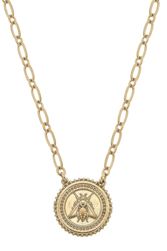 Nicolette Bee Medallion Pendant Necklace in Worn Gold sold by Canvas Style