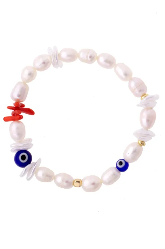 Paloma Pearl Beaded Evil Eye Stretch Bracelet in Ivory made by Canvas Style