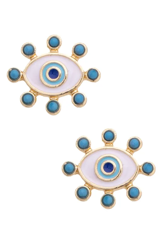 Turquoise Studded Evil Eye Studs in Shiny Gold made by Canvas Style