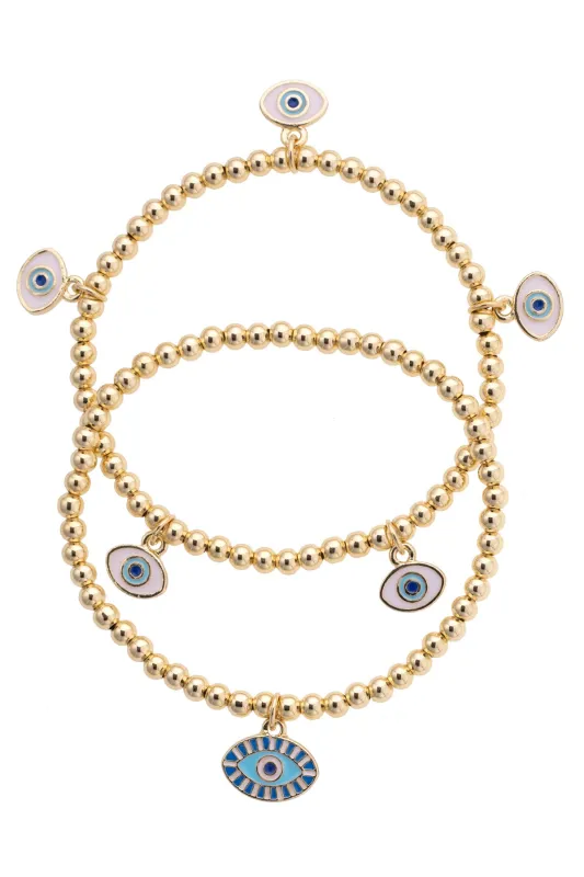 Evil Eye Ball Bead Stretch Bracelet Set of 2 in Shiny Gold made by Canvas Style