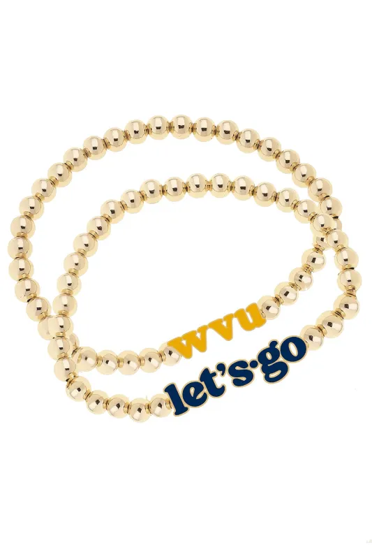 West Virginia Mountaineers Slogan Ball Bead Bracelet Set of 2 in Navy/Shiny Gold sold by Canvas Style