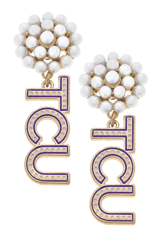 TCU Horned Frogs Pearl Cluster Dotted Enamel Drop Earrings - FINAL SALE sold by Canvas Style