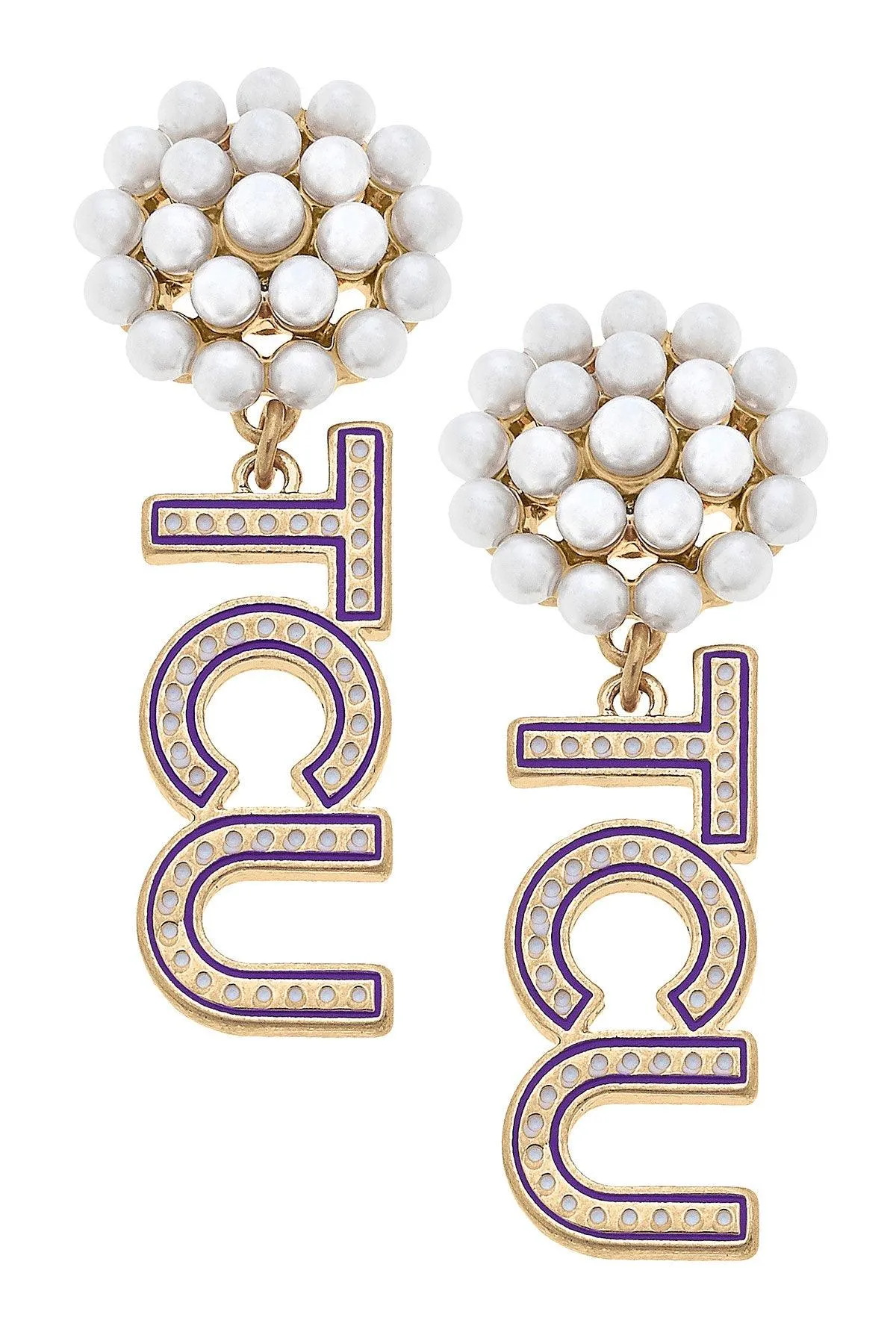 TCU Horned Frogs Pearl Cluster Dotted Enamel Drop Earrings - FINAL SALE sold by Canvas Style