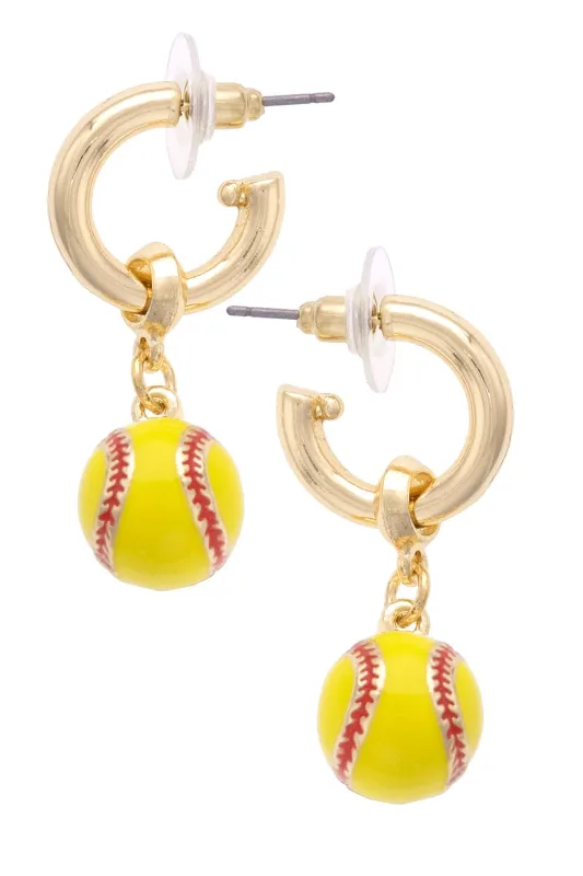 Softball Enamel Drop Hoop Earrings in Neon Yellow/Red sold by Canvas Style