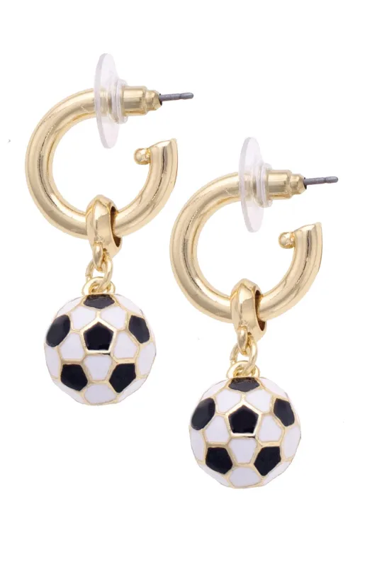 Soccer Ball Enamel Drop Hoop Earrings in Black/White sold by Canvas Style