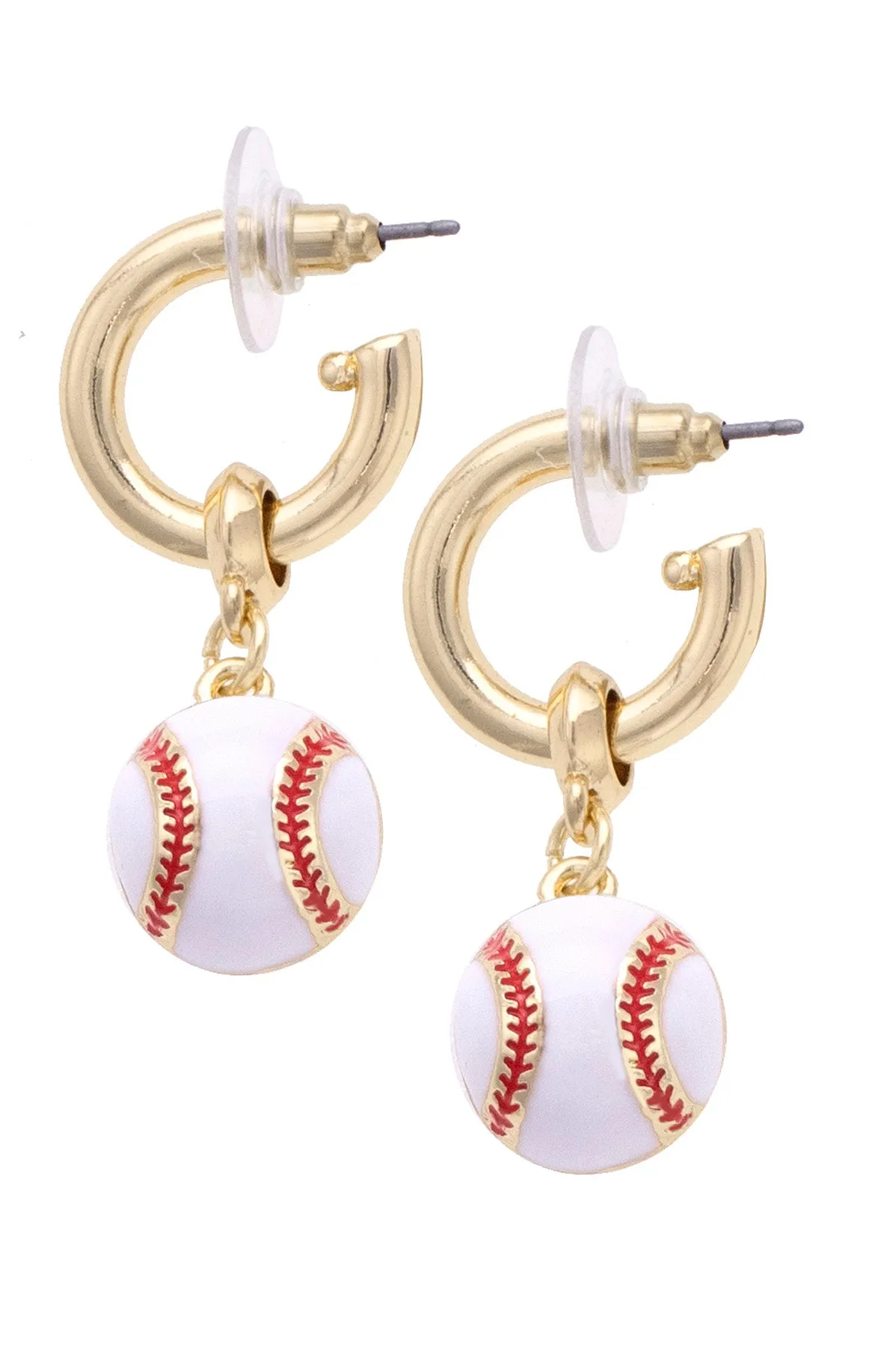 Baseball Enamel Drop Hoop Earrings in White/Red sold by Canvas Style