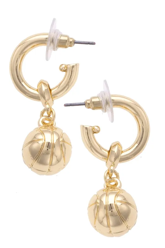 Basketball Drop Hoop Earrings in Shiny Gold sold by Canvas Style
