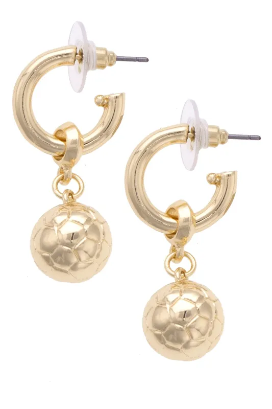 Soccer Ball Drop Hoop Earrings in Shiny Gold sold by Canvas Style
