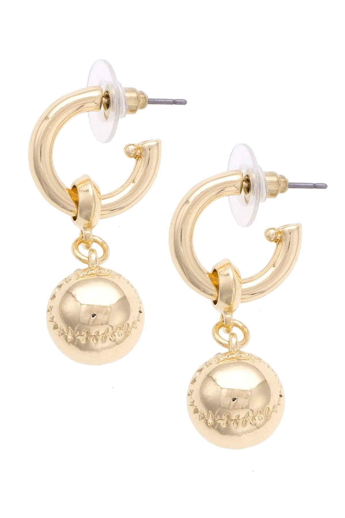 Baseball Drop Hoop Earrings in Shiny Gold sold by Canvas Style