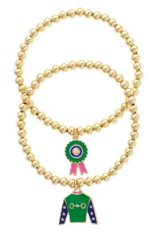 Prize Winning Jockey Silk Enamel Ball Bead Bracelet Set of 2 in Shiny Gold made by Canvas Style