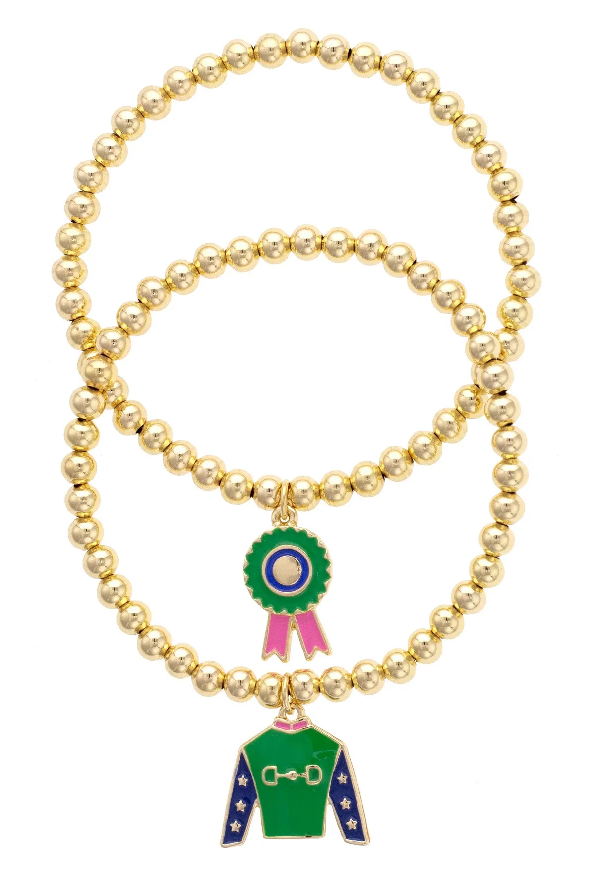 Prize Winning Jockey Silk Enamel Ball Bead Bracelet Set of 2 in Shiny Gold sold by Canvas Style