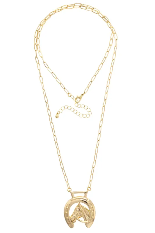 Horseshoe Horsey Pendant Necklace in Shiny Gold sold by Canvas Style