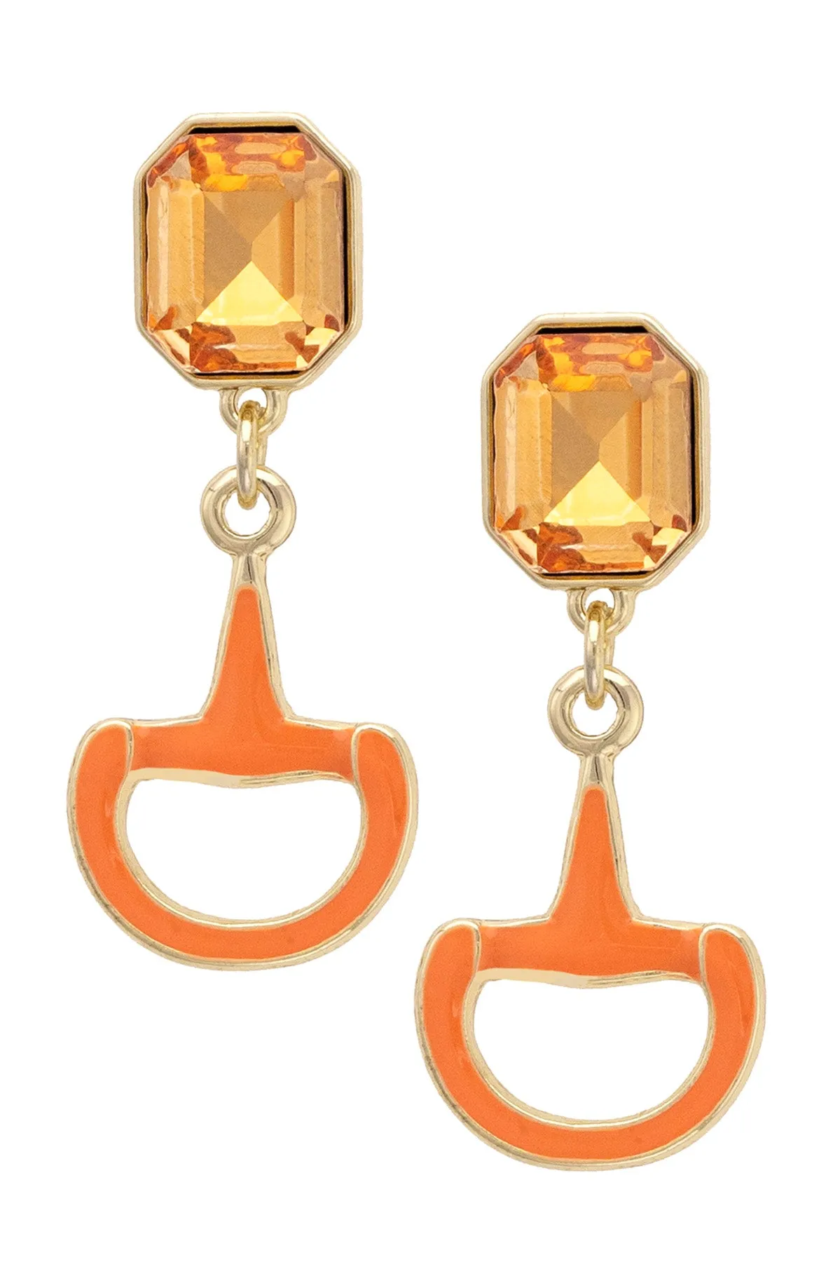 Eclipse Rhinestone Enamel Horsebit Earrings in Orange sold by Canvas Style