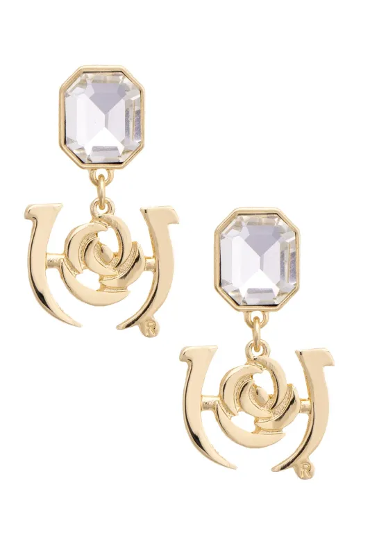 Kentucky Derby Rhinestone Logo Drop Earrings in Gold sold by Canvas Style