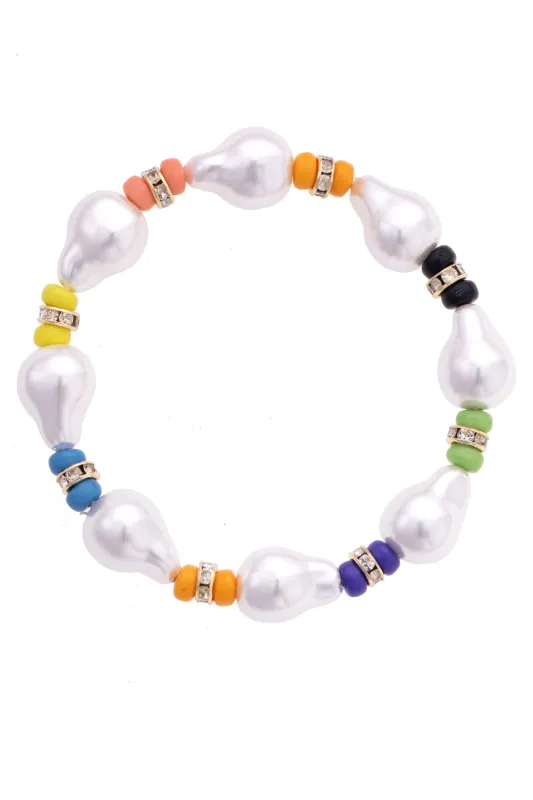 Cara Baroque Pearl Rainbow Beaded Stretch Bracelet in Ivory made by Canvas Style