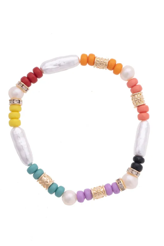 Lydia Pearl & Rainbow Beaded Stretch Bracelet in Ivory sold by Canvas Style