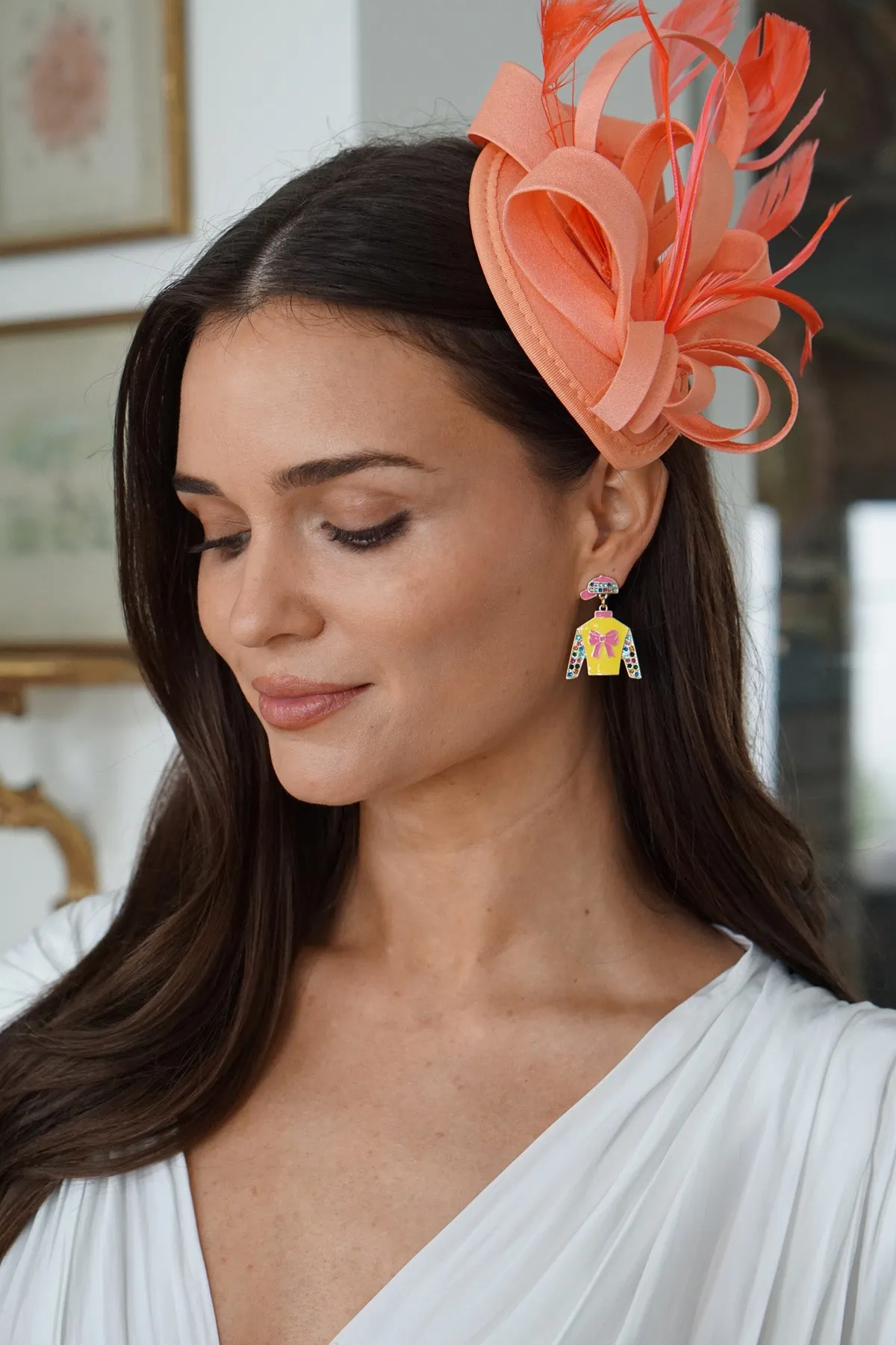 Shirley Jockey Silk Enamel Drop Earrings in Yellow & Pink sold by Canvas Style product image thumbnail 2