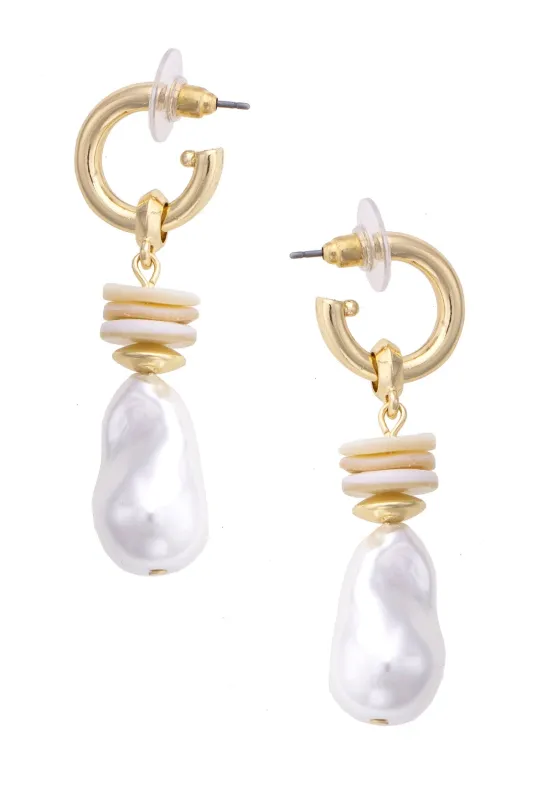 Leandra Pearl Shell Drop Hoop Earrings in Natural made by Canvas Style