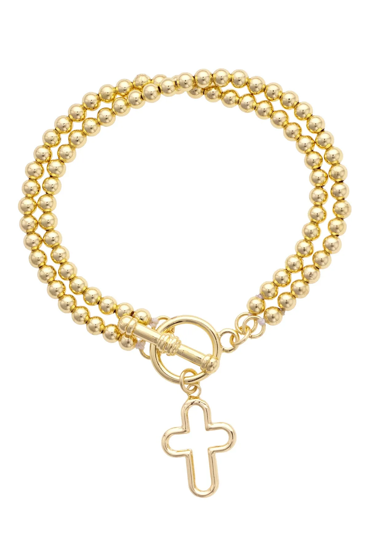 Foster Open Cross Ball Bead Stretch Toggle Bracelet in Shiny Gold sold by Canvas Style
