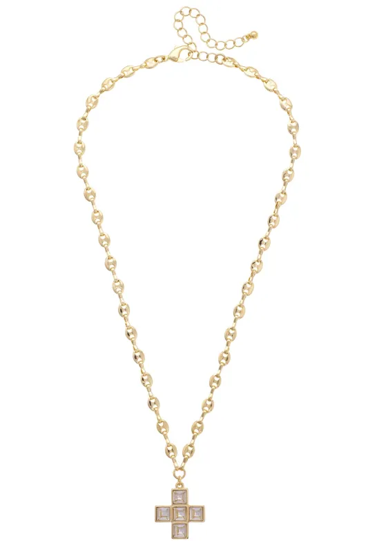 Theodora Rhinestone Cross Necklace in Shiny Gold made by Canvas Style