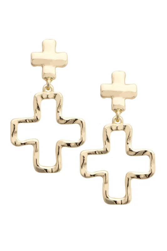 Haley Hammered Double Cross Drop Earrings in Shiny Gold made by Canvas Style