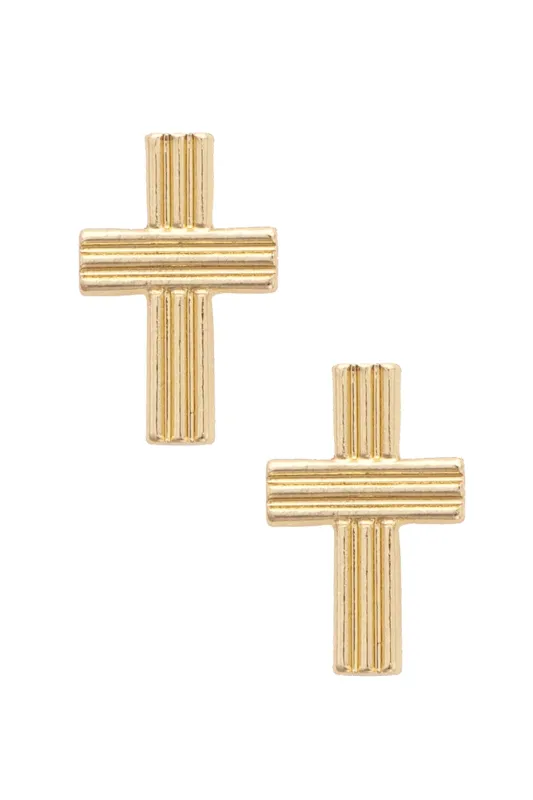 Felicia Ribbed Cross Stud Earrings in Shiny Gold made by Canvas Style