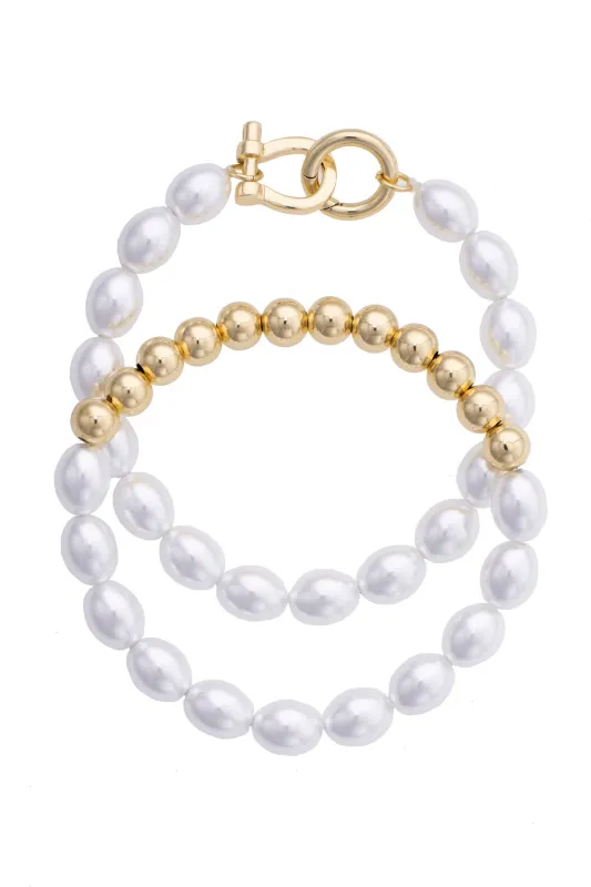 Celia Pearl & Ball Bead Stretch Bracelet Set of 2 in Ivory made by Canvas Style