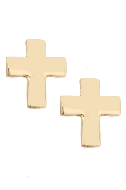 Lesley Puffy Cross Stud Earrings in Shiny Gold made by Canvas Style