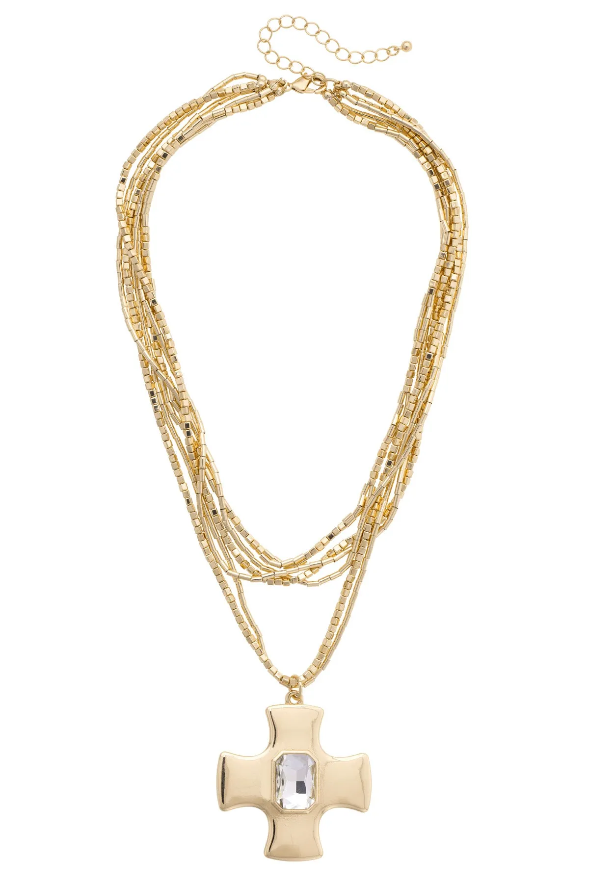 Roman Rhinestone Cross Layered Necklace in Shiny Gold sold by Canvas Style