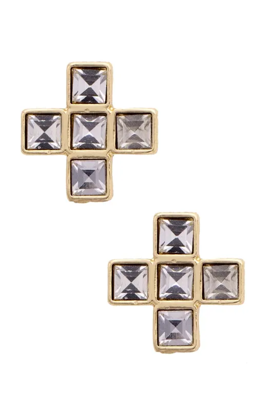 Theodora Rhinestone Cross Stud Earrings in Shiny Gold made by Canvas Style