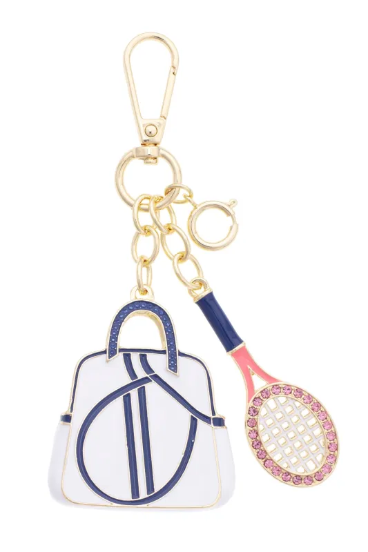 Rhinestone Tennis Racket Embellished Bag Charm in Pink, Navy, & White made by Canvas Style