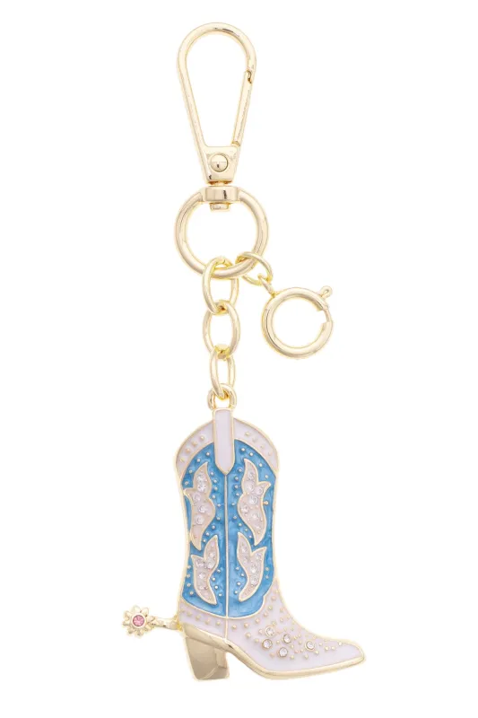 Cowgirl Boot Embellished Bag Charm in White & Blue made by Canvas Style