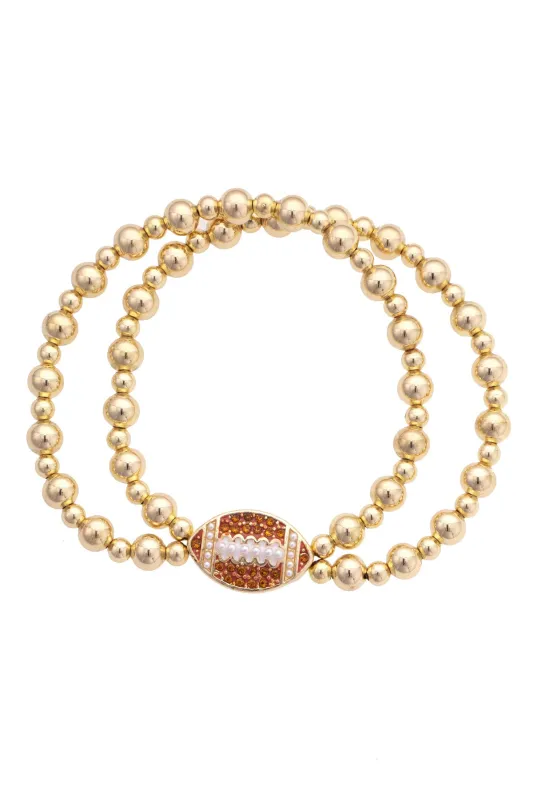 Pave Football 2-Row Ball Bead Stretch Bracelet in Shiny Gold made by Canvas Style