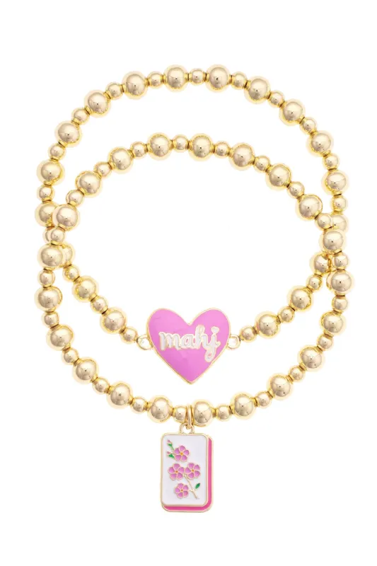 Mahj Cherry Blossom Tile Ball Bead Stretch Bracelet Set of 2 made by Canvas Style