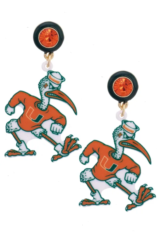 Miami Hurricanes Resin Mascot Earrings in Green/Orange made by Canvas Style