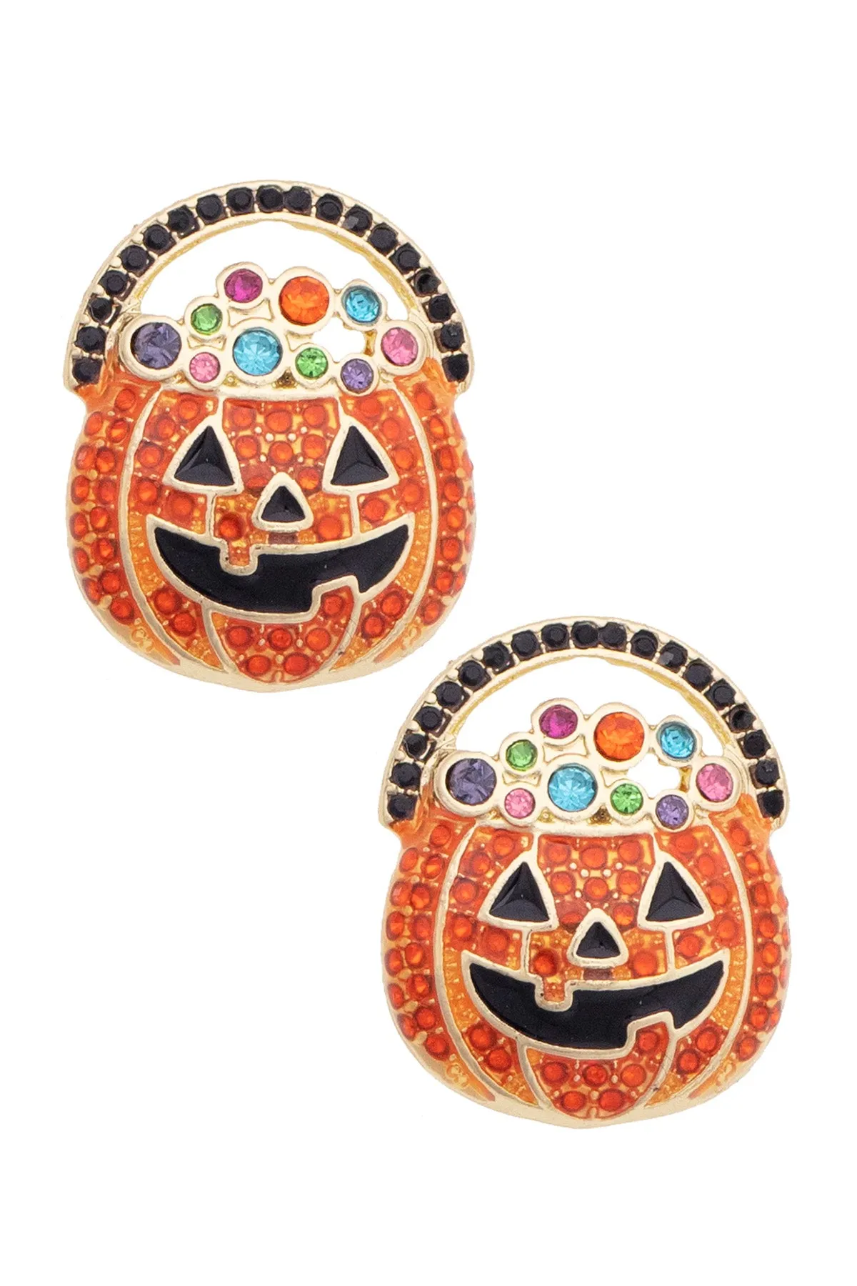 Bejeweled Jack-O'-Lantern Stud Earrings in Orange & Black sold by Canvas Style