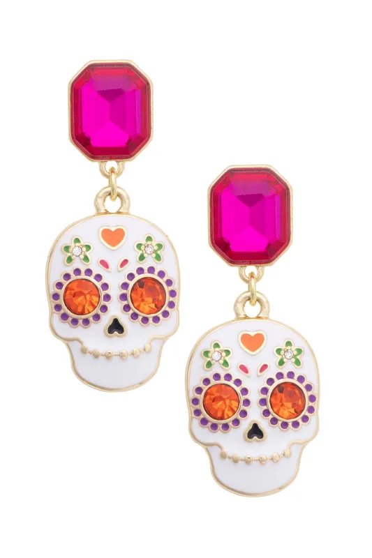 Sugar Skull Enamel Drop Earrings in Fuchsia & White made by Canvas Style
