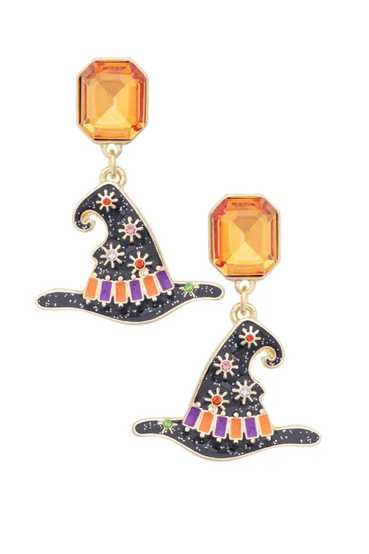 Rhinestone Witch Hat Enamel Drop Earrings in Orange made by Canvas Style