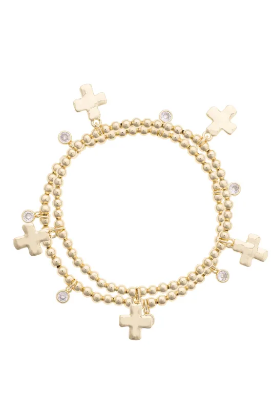 Annie Bezel Cross Ball Bead Stretch Bracelet Set of 2 in Shiny Gold made by Canvas Style