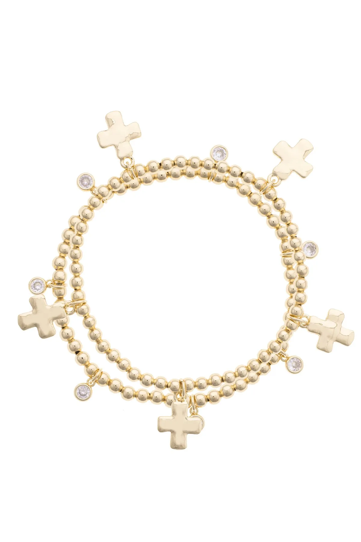 Annie Bezel Cross Ball Bead Stretch Bracelet Set of 2 in Shiny Gold sold by Canvas Style