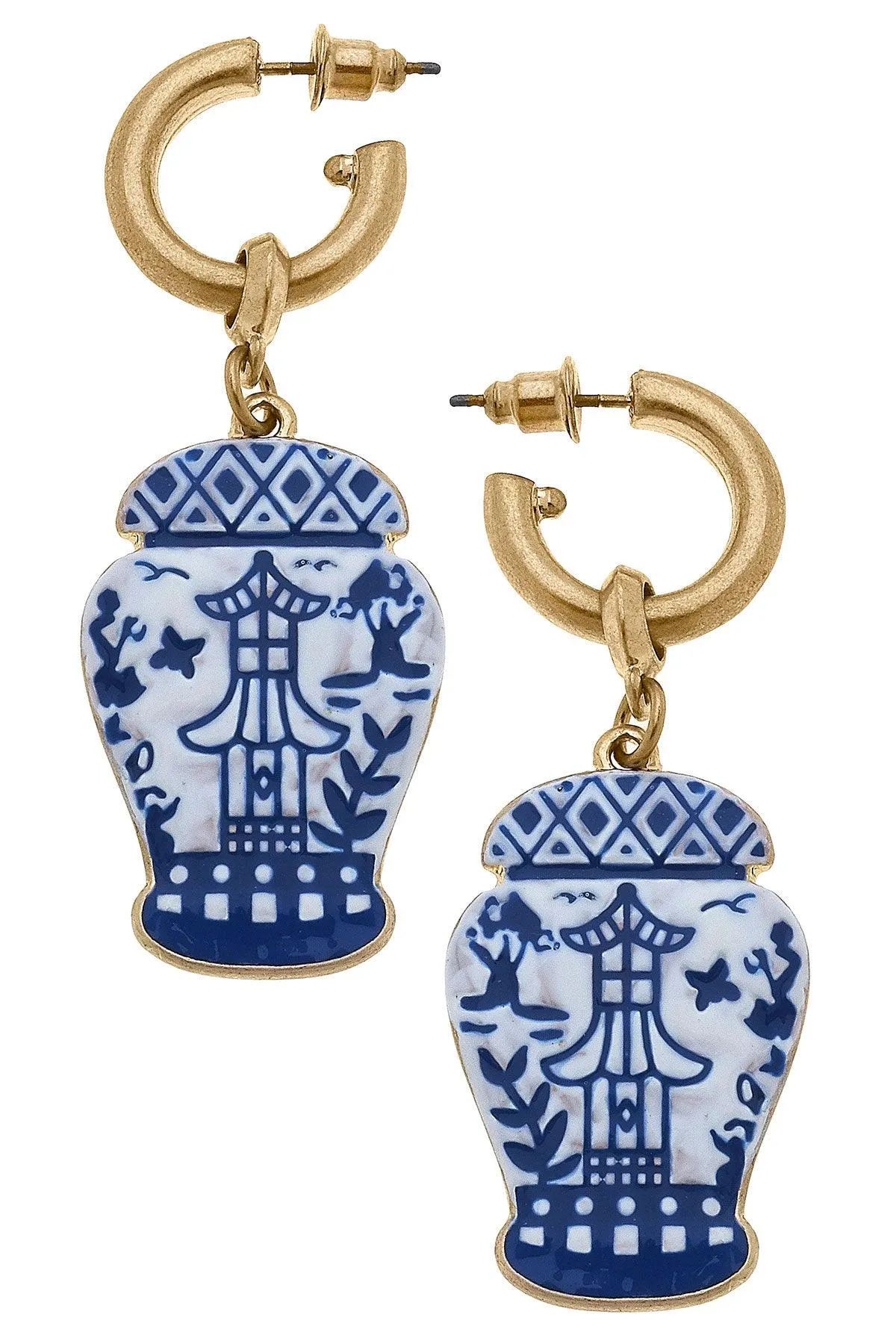 Aubree Enamel Pagoda Ginger Jar Earrings in Blue & White sold by Canvas Style