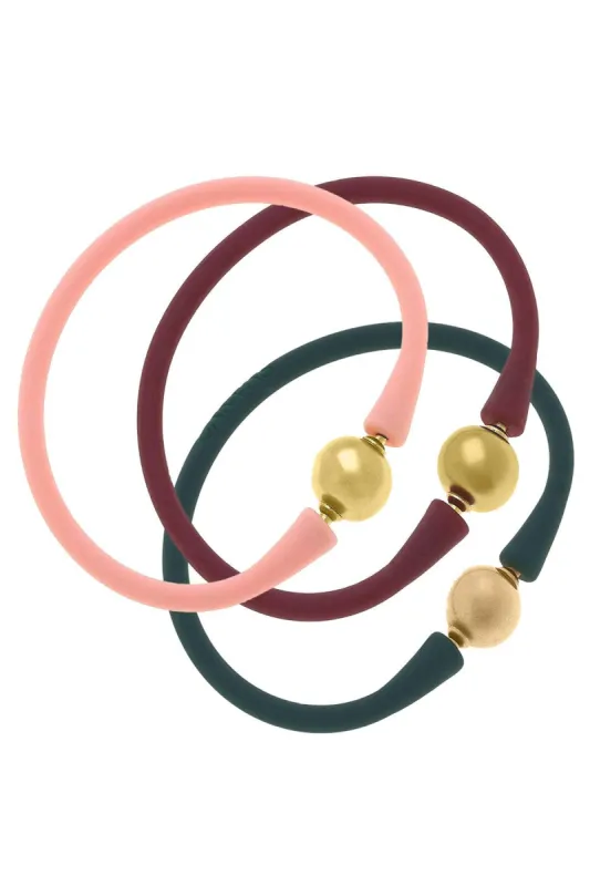 Bali 24K Gold Silicone Bracelet Holiday Stack of 3 in Light Pink, Burgundy & Hunter Green - FINAL SALE sold by Canvas Style