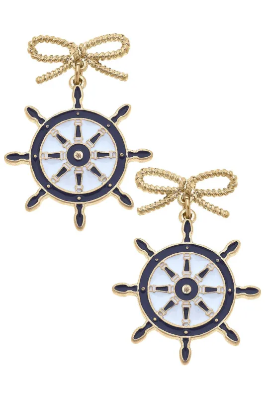 Bobbie Enamel Ship's Wheel Earrings in Navy & White sold by Canvas Style