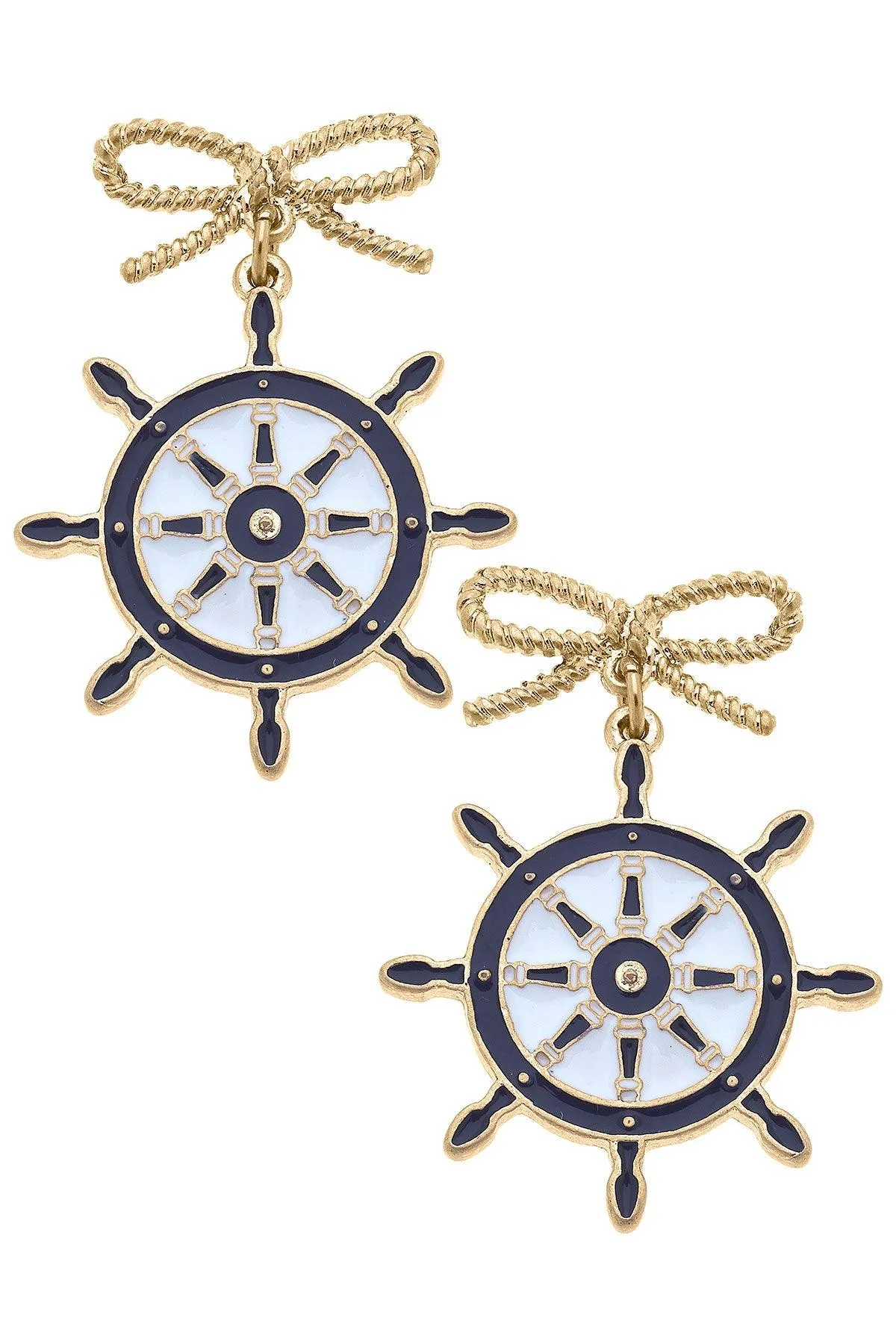 Bobbie Enamel Ship's Wheel Earrings in Navy & White sold by Canvas Style