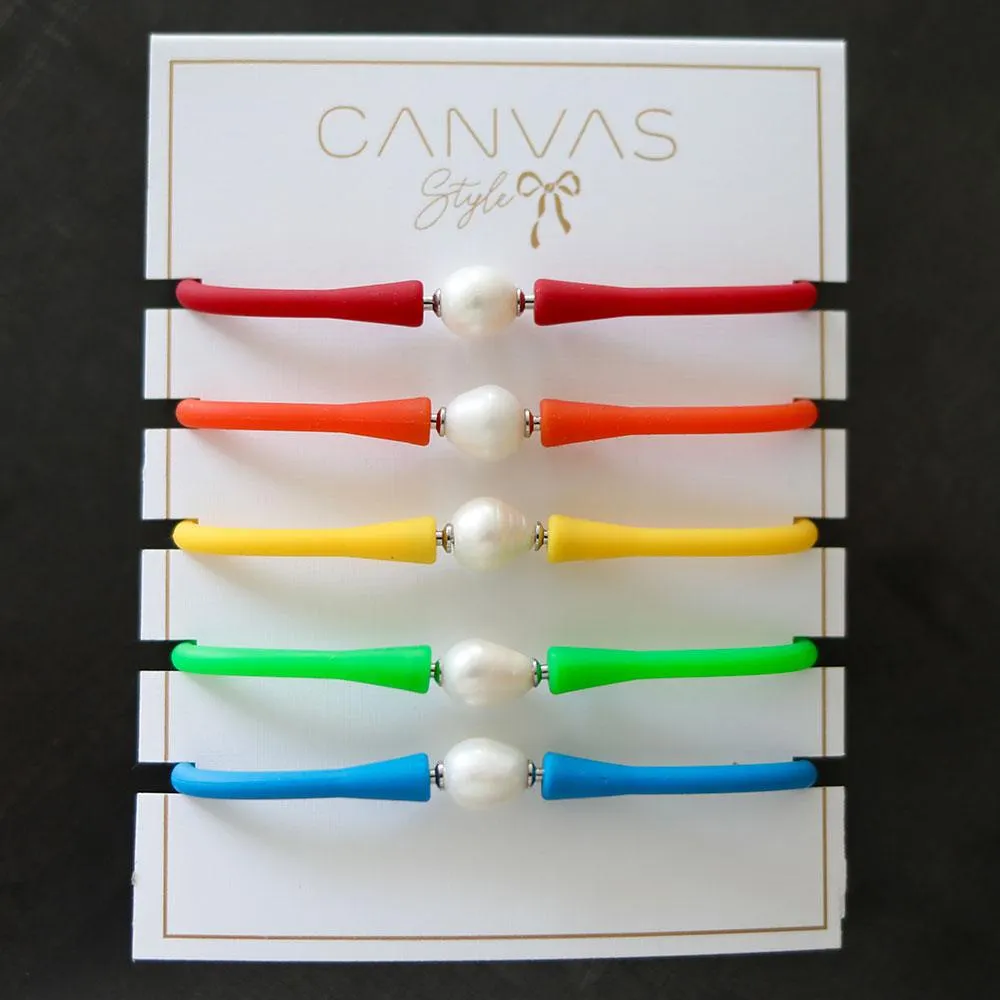 Bali Freshwater Pearl Silicone Bracelet Stack of 5 in Red, Orange, Yellow, Green, Blue sold by Canvas Style product image thumbnail 2