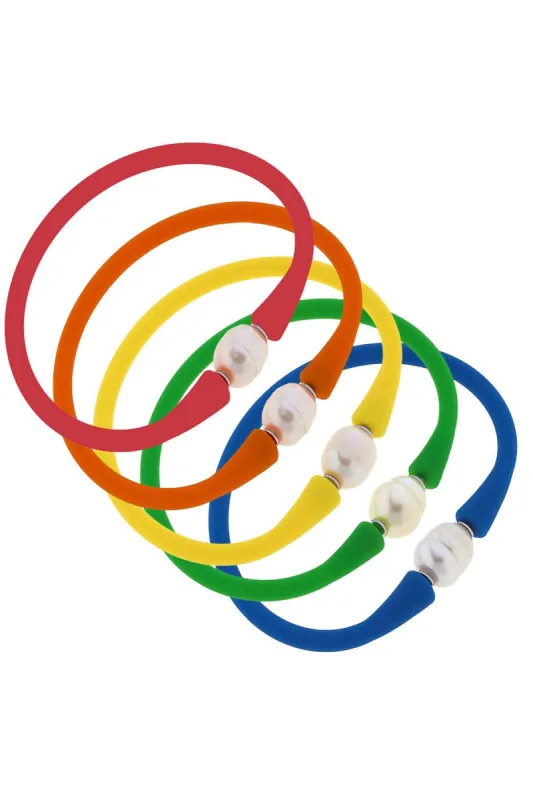 Bali Freshwater Pearl Silicone Bracelet Stack of 5 in Red, Orange, Yellow, Green, Blue sold by Canvas Style