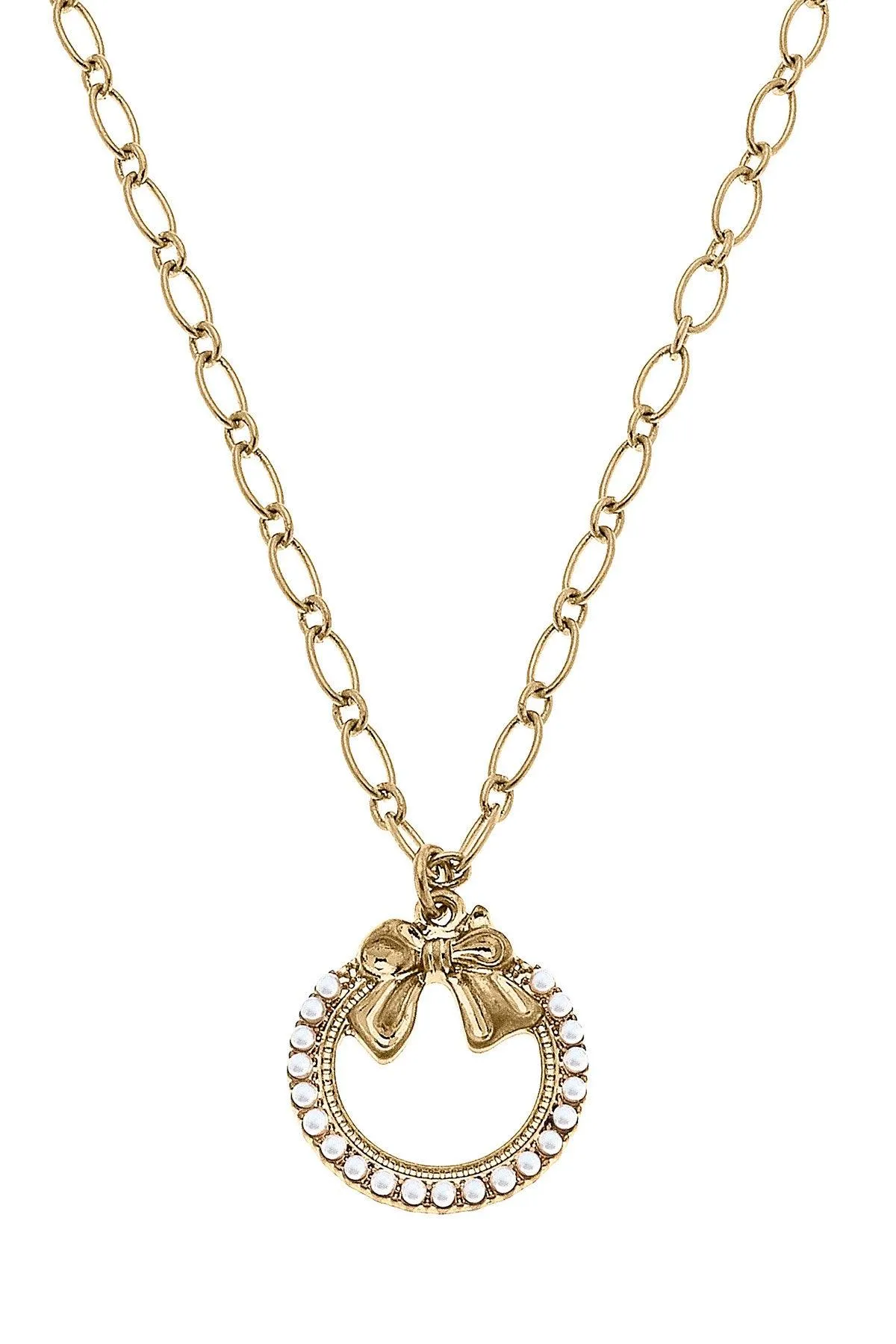Rowen Pearl Bow Wreath Pendant Necklace in Worn Gold - FINAL SALE sold by Canvas Style