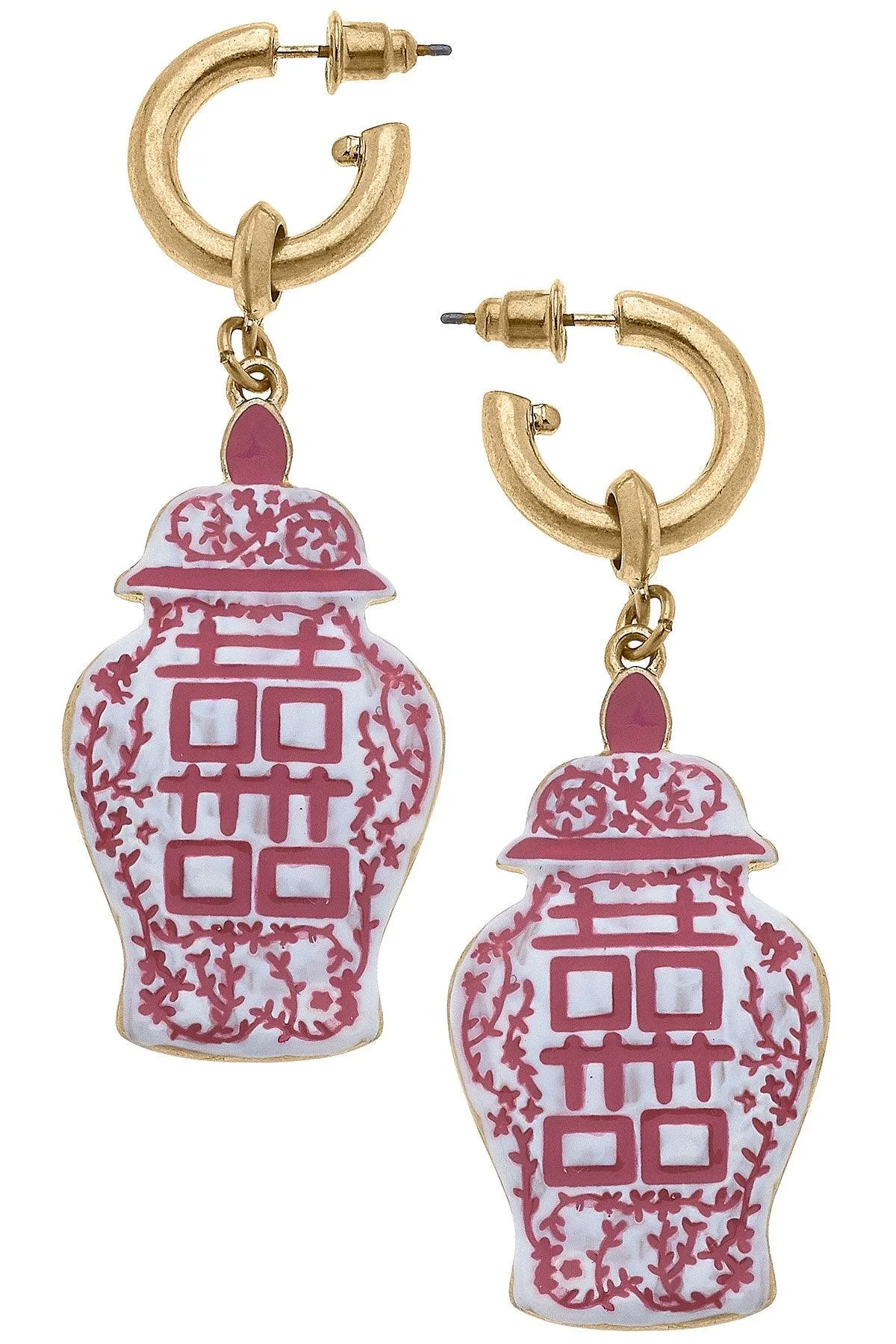 Blaire Enamel Ginger Jar Double Happiness Earrings in Pink & White sold by Canvas Style